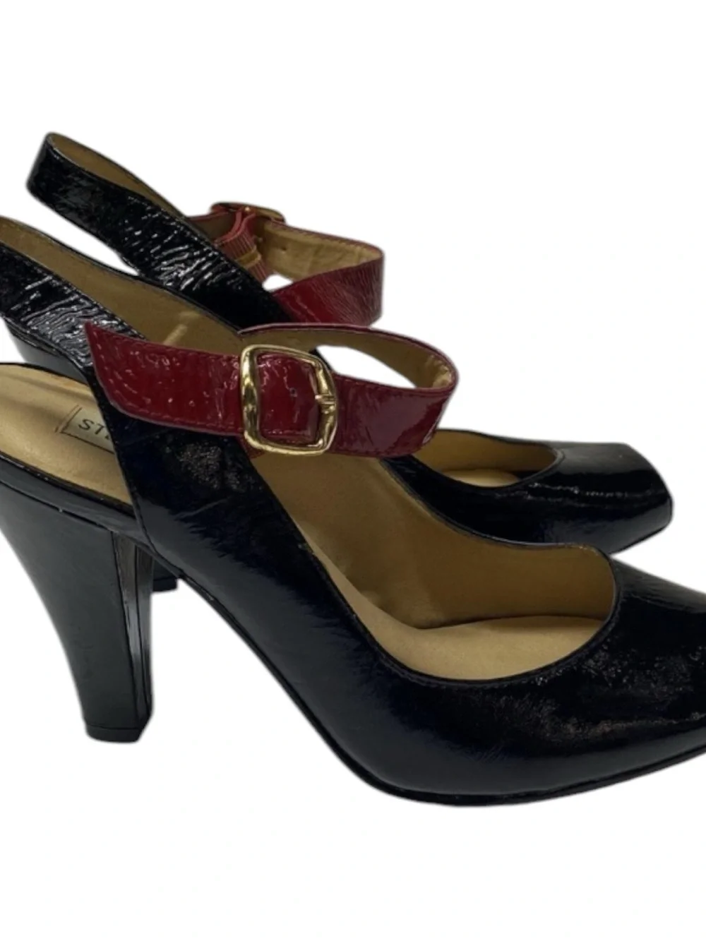 Steve Madden Black Patent Peep-Toe Heels with Burgundy Strap